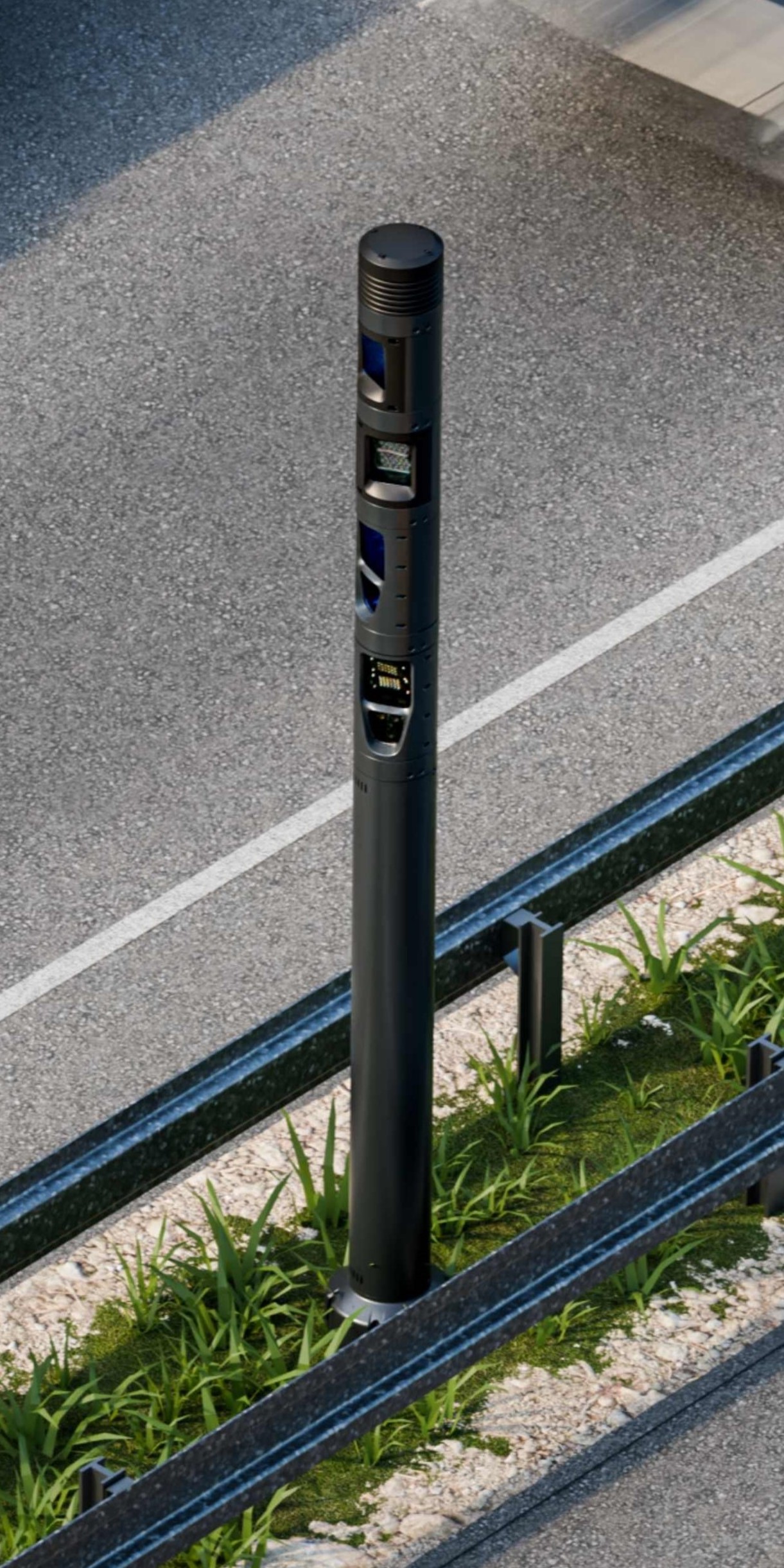 Ekin Spotter modular smart city pole installed on a roadside verge beside a highway