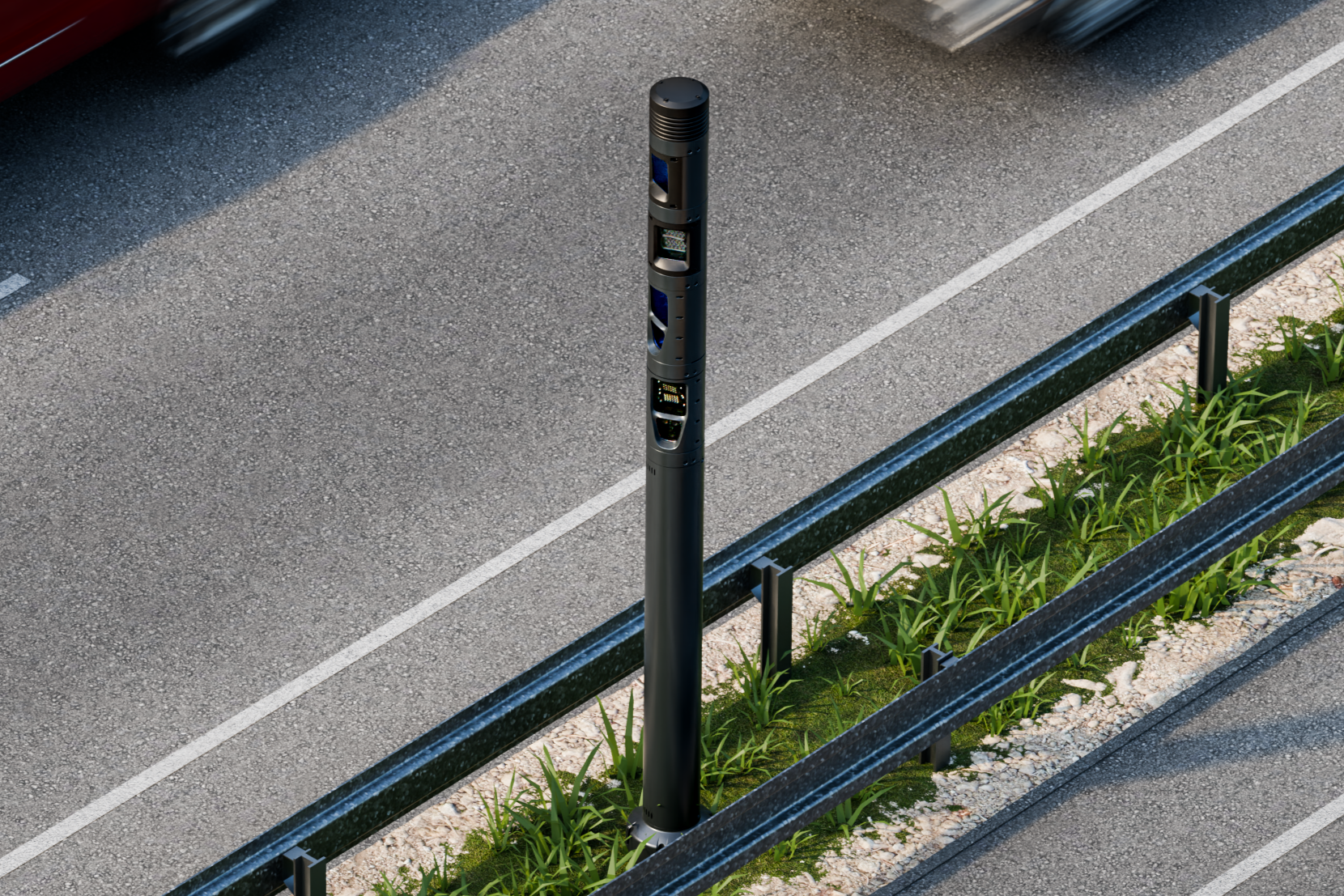 Ekin Spotter modular pole installed on a roadside verge