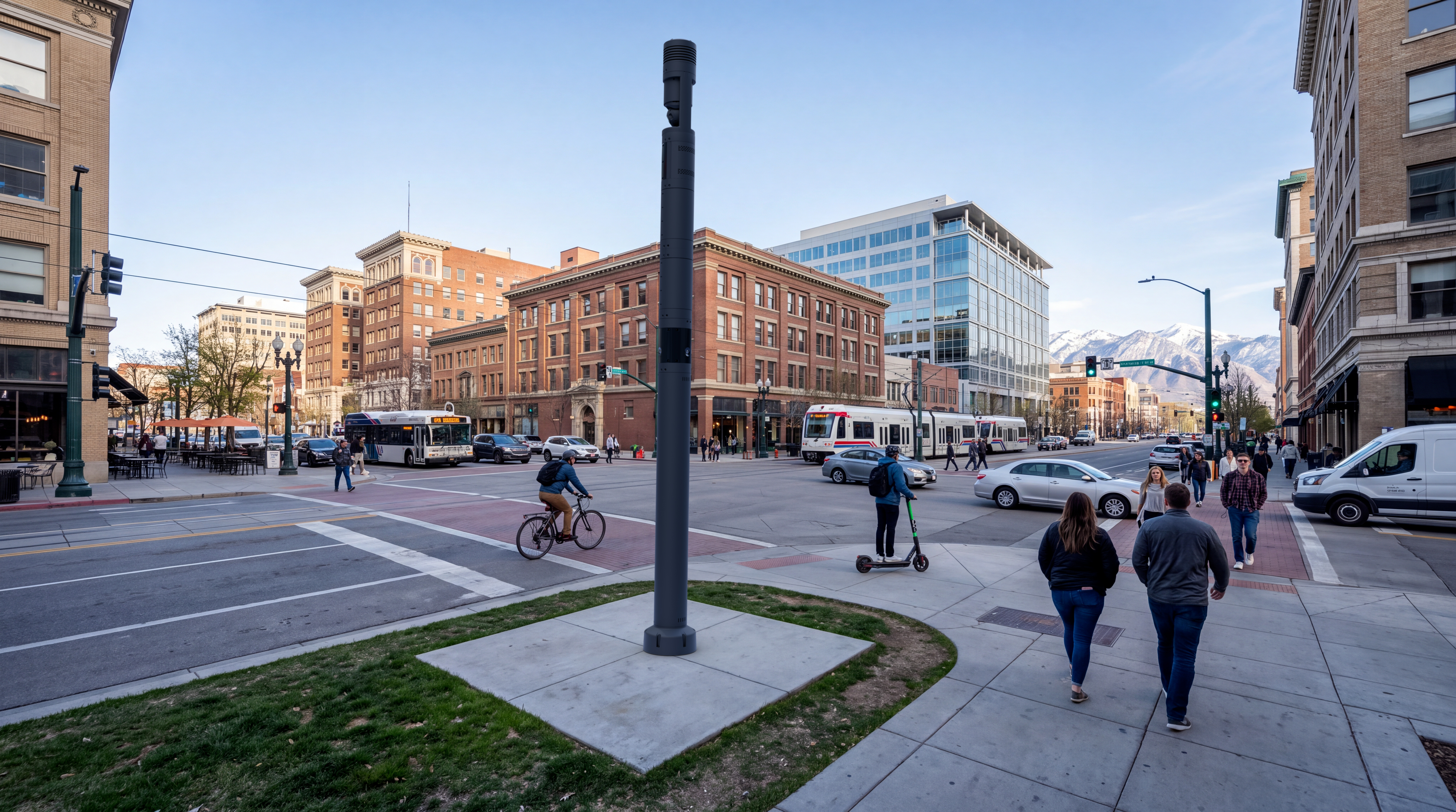 Ekin Spotter smart pole on a busy downtown intersection