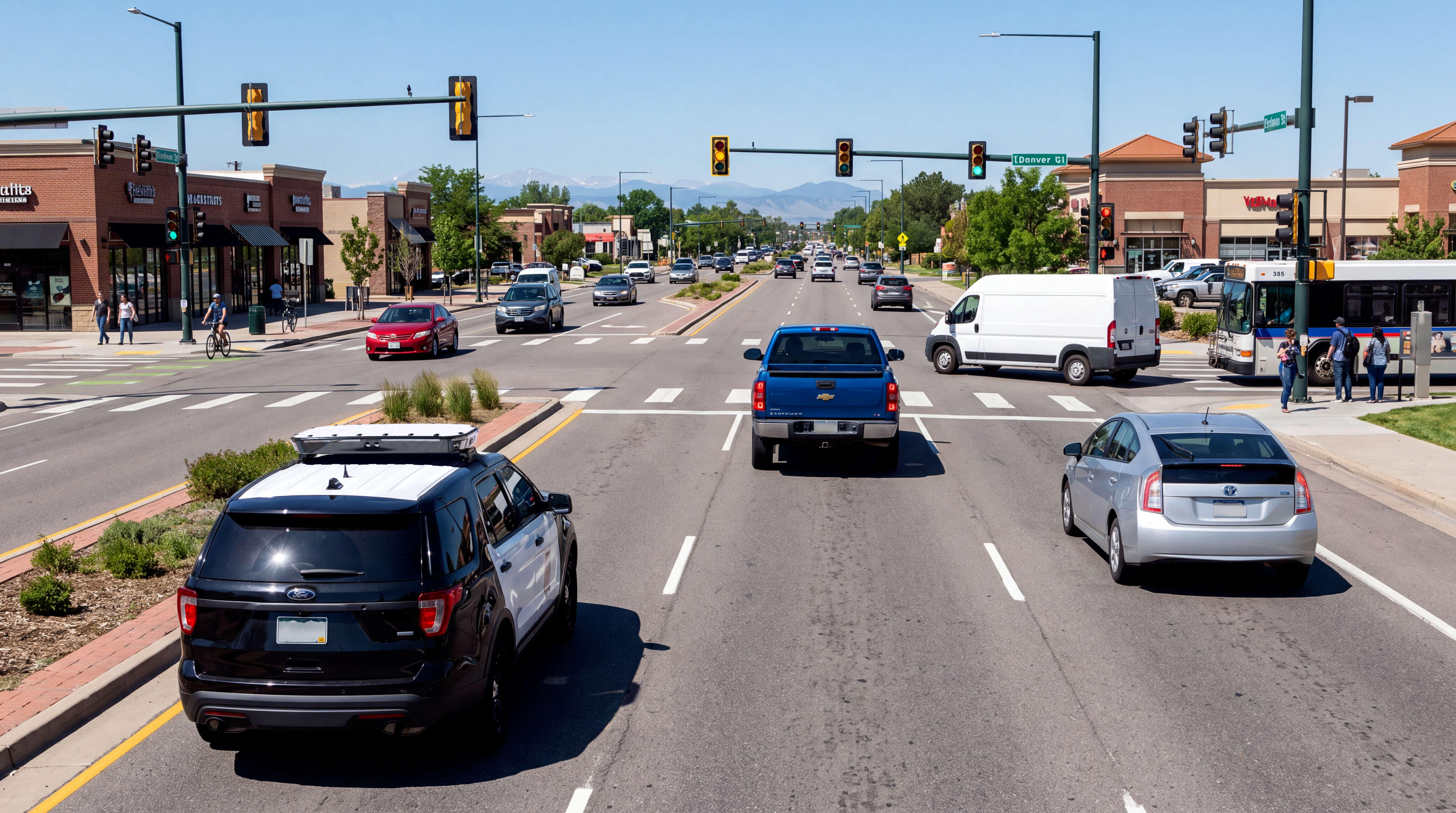 Ekin Patrol G2 lightbar on a police SUV at a multi-lane city intersection