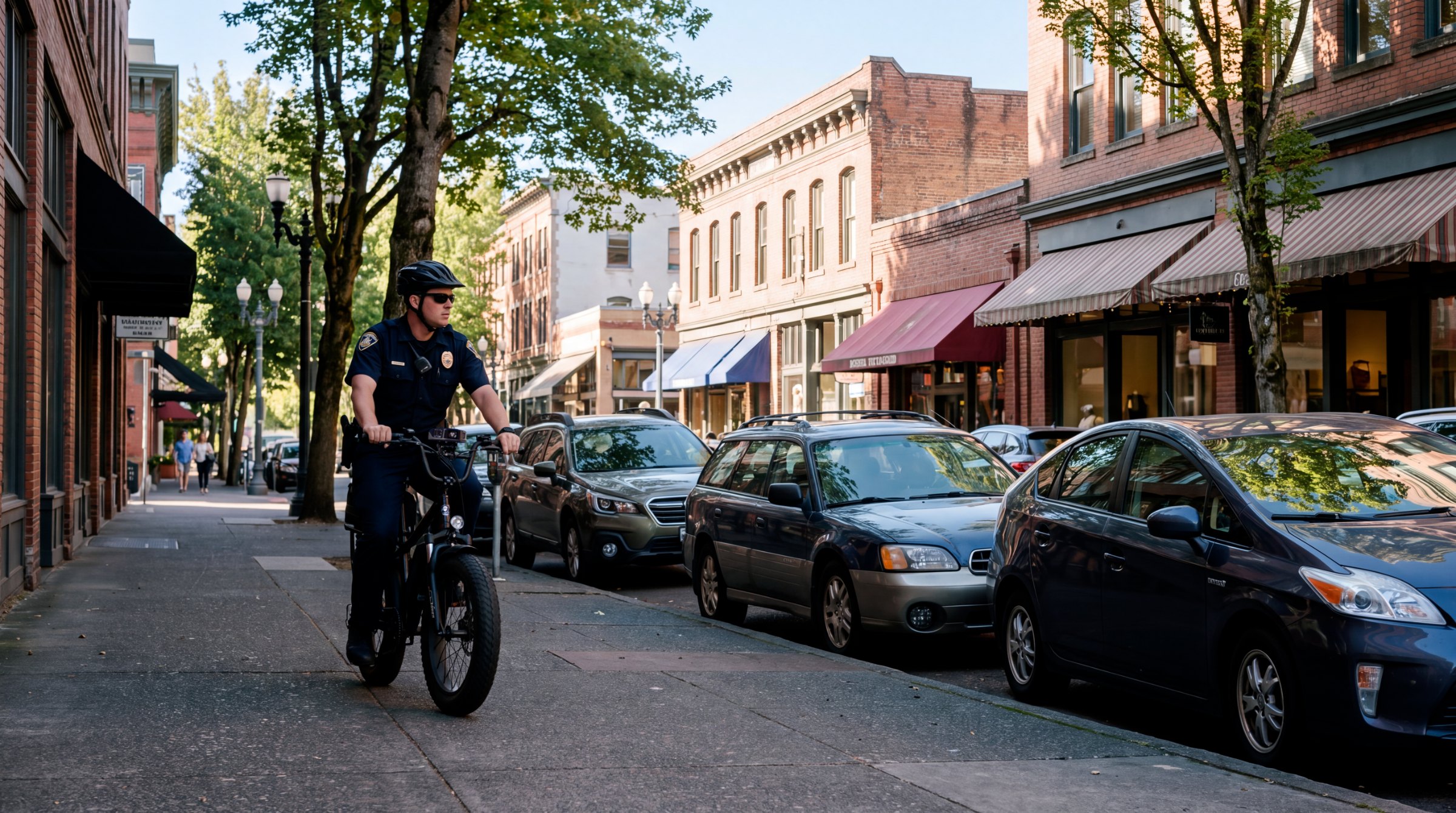 Officer on an Ekin Bike Patrol unit enforcing parking on a downtown street